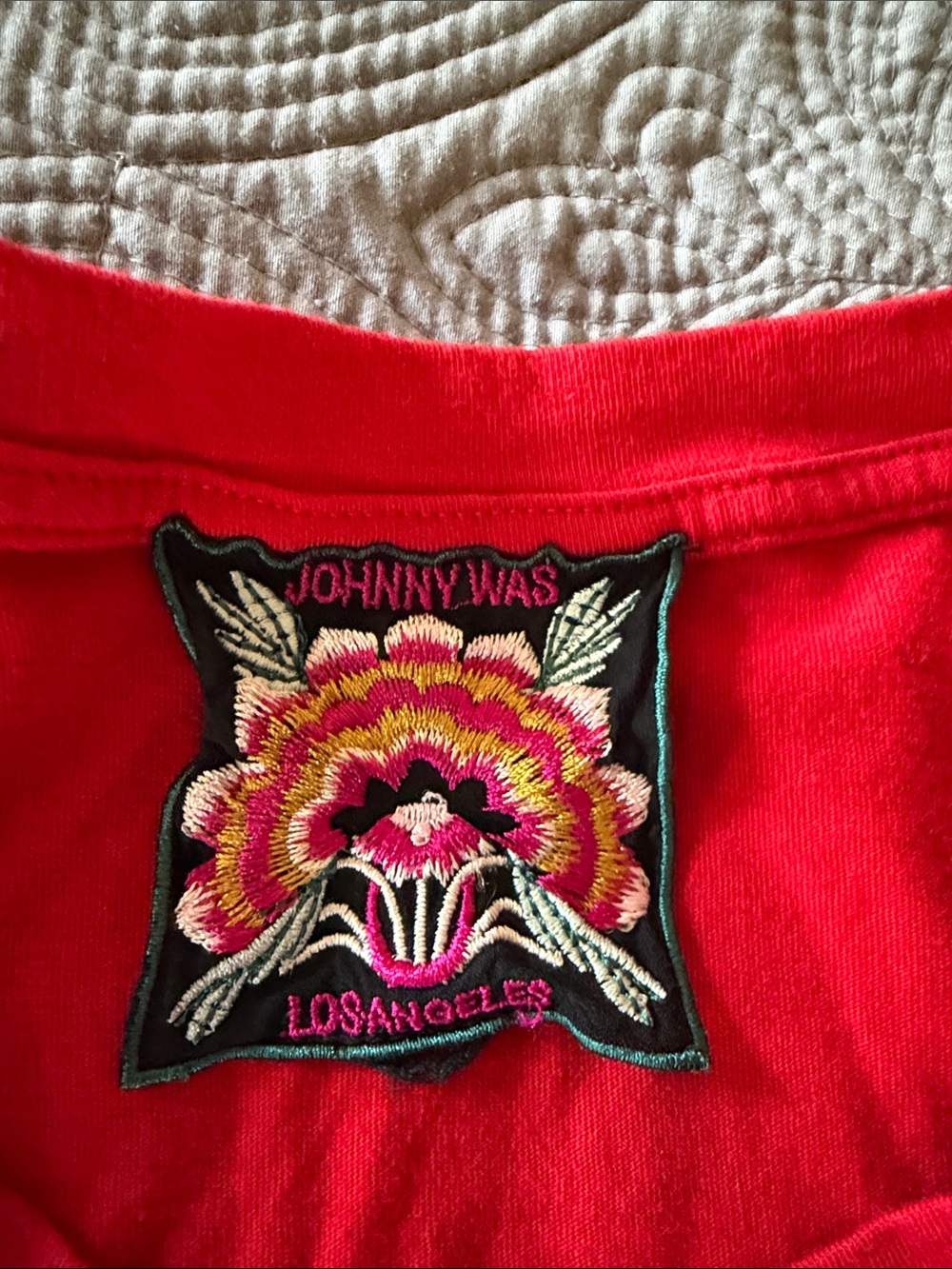 Johnny Was Red Tee with Multicolor Embroidery, size L - Picture 2 of 5